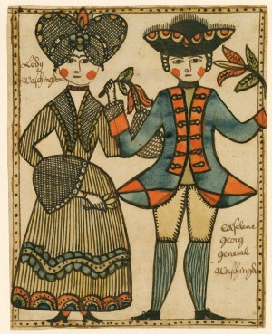 Exselenc Georg General Waschingdon and Ledy Waschingdon attributed to the Sussel-Washington Artist, Pennsylvania, ca. 1780, watercolor and ink on laid paper, Colonial Williamsburg Foundation, museum purchase. Exselenc Georg General Waschingdon and Ledy Waschingdon attributed to the Sussel-Washington Artist, Pennsylvania, ca. 1780, watercolor and ink on laid paper, Colonial Williamsburg Foundation, museum purchase.