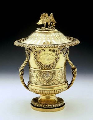 Regency silver-gilt cup and cover, Paul Storr for Rundell, Bridge and Rundell, London, 1817.
Presented as a trophy for the Charleston Races of 1818. Chrysler Museum, Norfolk. Regency silver-gilt cup and cover, Paul Storr for Rundell, Bridge and Rundell, London, 1817.