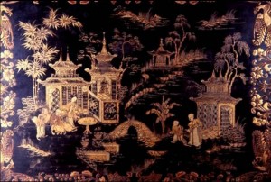 A lacquered table top decorated with gilt images, made in China for the export market Chinese export lacquered table top decorated with gilt images