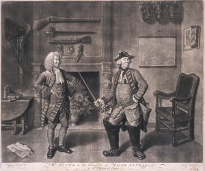 MR. FOOTE in the Character of MAJOR STURGEON, mezzotint engraving by John Boydell after a painting by John Zoffany, London, 1765, shows two gentlemen standing in a room decorated with objects that reflect their worldly interests. Maps were regarded as elite male objects that reflected a global perspective. Newspaper advertisements suggest that maps on rollers were appropriate for gentlemen's rooms. Mr. Foote in the Character of Major Sturgeon by John Boydell
