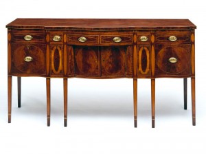 Sideboard, New York City, 1795-1805. Mahogany, mahogany and satinwood veneer; white pine, yellow poplar and ash. Winterthur Museum and Country Estate, bequest of Henry Francis du Pont, 1957.0850 New York Sideboard 1795-1805