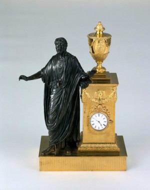 Table clock with figure of Titus, Matthew Boulton and John Fothergill, Birmingham, England, ca. 1775, copper alloys (brass and bronze), gilding, glass, enamel and steel. Colonial Williamsburg Foundation Table clock with figure of Titus, Matthew Boulton and John Fothergill