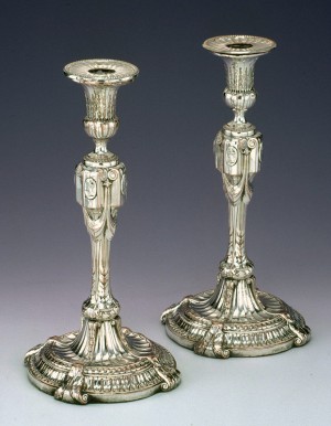 Pair of candlesticks, Matthew Boulton and John Fothergill, Birmingham, England, ca. 1780, fused silverplate (Sheffield plate). Colonial Williamsburg Foundation Pair of candlesticks, Matthew Boulton and John Fothergill