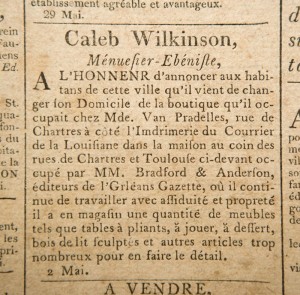 Caleb Wilkinson, Ménuesier-Ebéniste newspaper advertisement Caleb Wilkinson, Ménuesier-Ebéniste newspaper advertisement