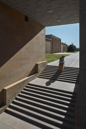 Cranbrook Art Museum and Library. Stairs lead past a Chinese lion from the Wei Dynestry (386-557) at Cranbrook Academy of Art Library and Museum, completed in 1942 by architect Eliel Saarinen. Photography by James Haefner, Courtesy Cranbrook Center for Collections and Research. Cranbrook Art Museum and Library