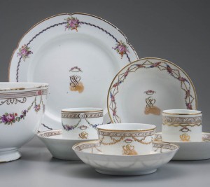 Porcelain tea and coffee service, Niderviller, France, 1779-1780. The Comte de Custine, who served under George Washington at the Battle of Yorktown, brought with him this porcelain service, every piece with a different border, to present to George and Martha Washington and introduce Americans to French goods. Porcelain tea and coffee service, Niderviller, France