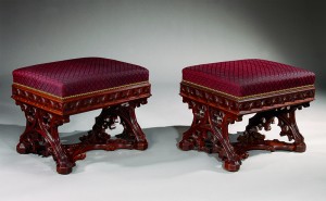 Pair of window benches, probably New York, NY, ca. 1845–1850. Carved and pierced rosewood with brass and iron casters, and burgundy horsehair upholstery. Collection of David Scott Parker Pair of window benches, probably New York, NY, ca. 1845–1850