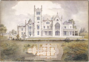 West (rear) elevation and plan of Lyndhurst for George Merritt, Tarrytown, NY, by Alexander Jackson Davis, New York, NY, 1865. Watercolor, ink and graphite on paper. Metropolitan Museum of Art, Harris Brisbane Dick Fund West (rear) elevation and plan of Lyndhurst for George Merritt, Tarrytown, NY