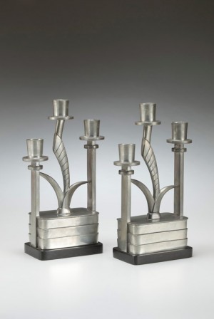 Pair of candelabra designed by Kem Weber, made by Porter Blanchard, 1928. Pewter and ebony. Yale University Art Gallery, John C. Waddell Collection, Gift of John C. Waddell. Pair of candelabra designed by Kem Weber, made by Porter Blanchard, 1928