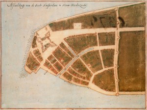 Afbeeldinge van de Stadt Amsterdam in Nieuw Neederlandt, the “Castello Plan,” ca. 1670 (after 1660 original), ink and watercolor on paper. Courtesy of the New York Public Library Afbeeldinge van de Stadt Amsterdam in Nieuw Neederlandt, the Castello Plan