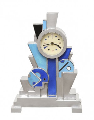 Clock, 1928. Jean Goulden (French, 1878–1946). Silvered bronze, colored champlevé enamel; 36.2 x 25.4 x 12.7 cm.
Stephen E. Kelly / Kelly Gallery, New York. Photo: Josh Gaddy.
© 2016 Artists Rights Society (ARS), New York / ADAGP, Paris Clock, 1928. Jean Goulden
