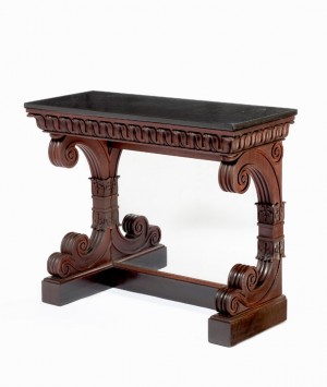 Grecian pier table attributed to Thomas Seymour for Isaac Vose & Son, Boston, ca. 1823-1825. Mahogany and mahogany veneer, replaced slate top. Private collection. Photograph by David Bohl. Grecian pier table attributed to Thomas Seymour for Isaac Vose & Son, Boston, ca. 1823-1825
