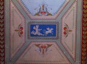 Decorated entry hall ceiling from the 1864 Abram Piatt Mansion in West Liberty, Ohio, decorated by Oliver Frey in 1880 Decorated entry hall ceiling from Abram Piatt Mansion