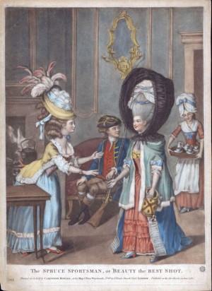 “The Spruce Sportsman, or Beauty the Best Shot,” London, England 1780. Colonial Williamsburg Foundation. Note the protection of the elaborate hair assemblages of the guest, as well as the servant who is bringing tea equipage to the tea table. The Spruce Sportsman, or Beauty the Best Shot